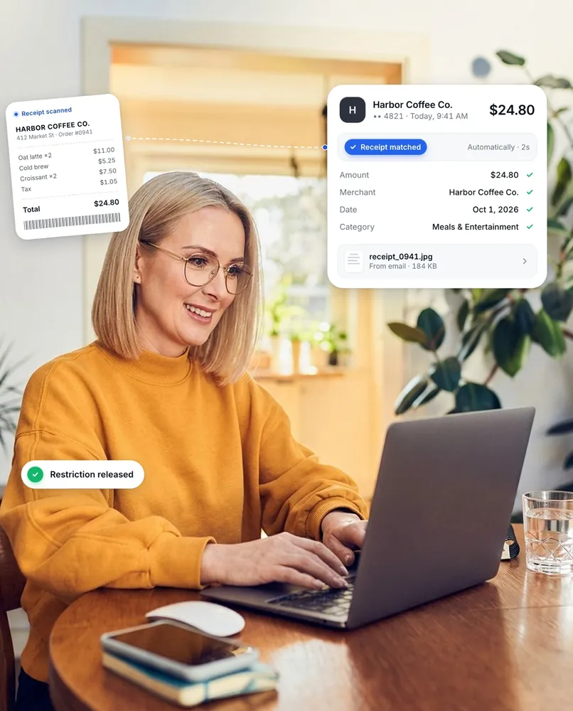 A treasurer at a laptop while Bricks scans a $24.80 Harbor Coffee Co. receipt, matches it to the card charge, and releases the card restriction